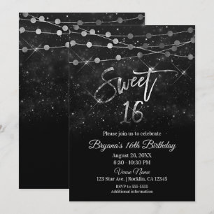 Sweet 16 Sixteen Black & Silver Sparkle Lights Invitation