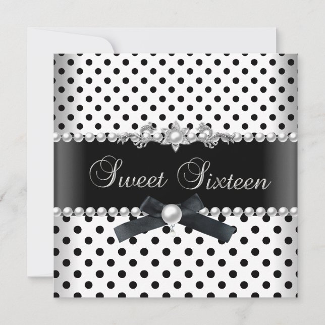 Sweet 16 Sixteen Black Spot Silver White Invitation (Front)