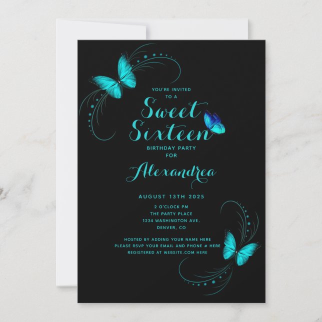 Sweet 16 Sixteen Blue Butterfly Birthday Invitation (Front)