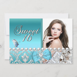 Sweet 16 Sixteen Blue Damask Butterfly Add Photo Invitation
