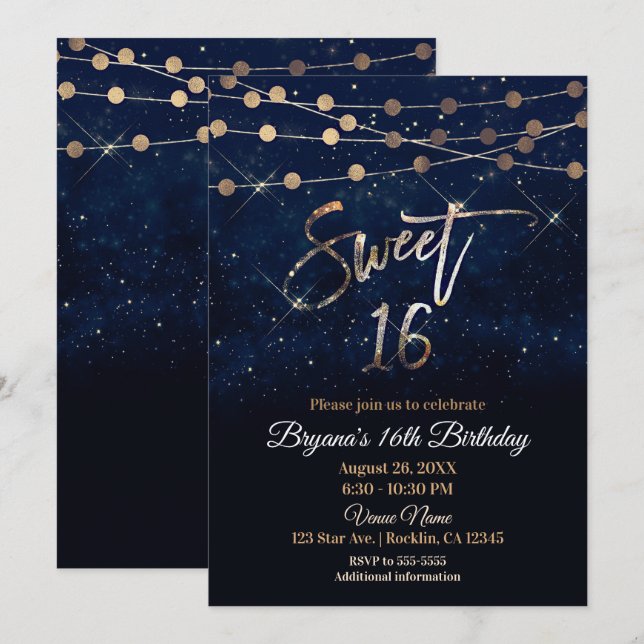 Sweet 16 Sixteen Blue & Gold Sparkle Lights Invitation (Front/Back)