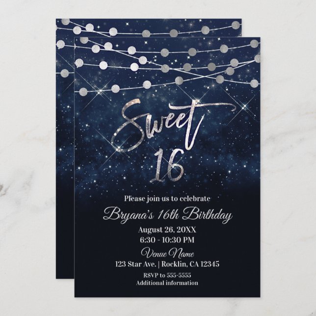 Sweet 16 Sixteen Blue & Silver Sparkle Lights Invitation (Front/Back)