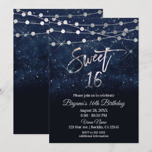 Sweet 16 Sixteen Blue & Silver Sparkle Lights Invitation