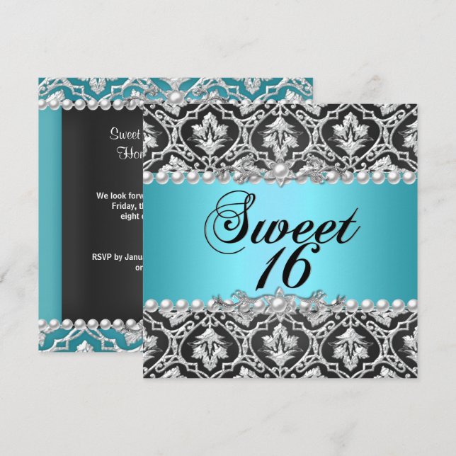 Sweet 16 Sixteen Blue Teal Aqua Black Silver Invitation (Front/Back)