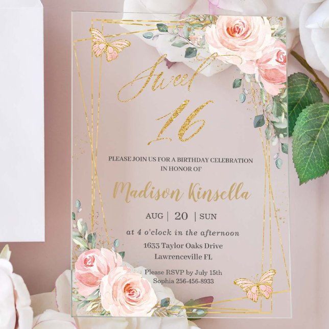 Sweet 16 Sixteen Blush Pink Floral Butterflies Acrylic Invitations (Creator Uploaded)