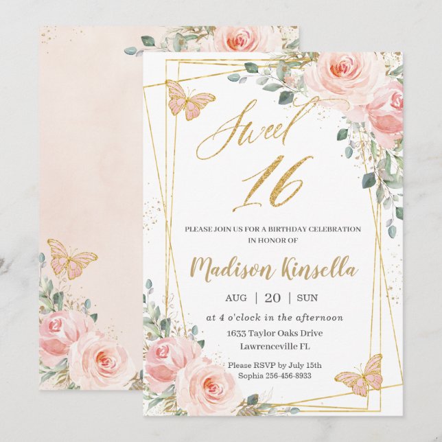 Sweet 16 Sixteen Blush Pink Floral Butterflies Invitation (Front/Back)