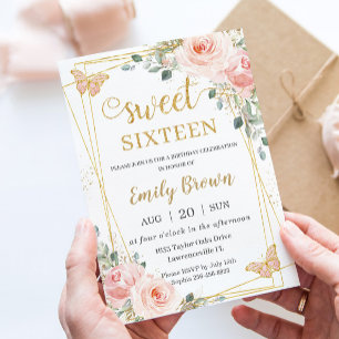 Sweet 16 Sixteen Blush Pink Floral Butterflies Invitation