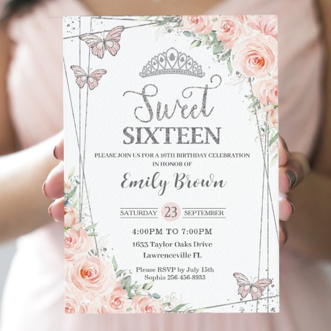 Sweet 16 Sixteen Blush Pink Floral Silver Birthday Invitation (Creator Uploaded)