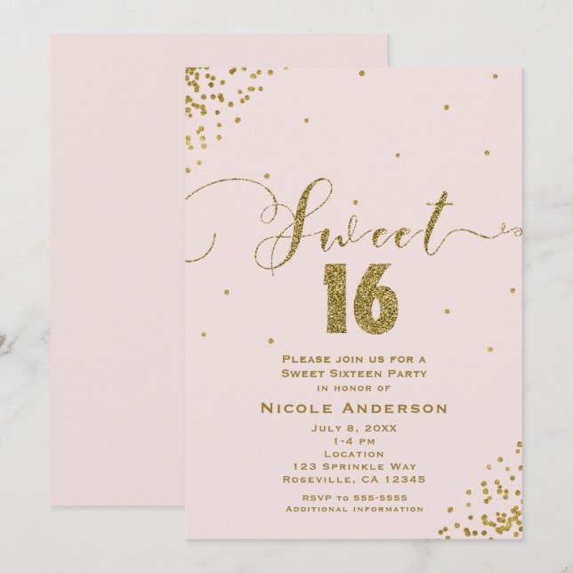 SWEET 16 Sixteen Blush Pink & Gold Confetti Corner Invitation (Front/Back)