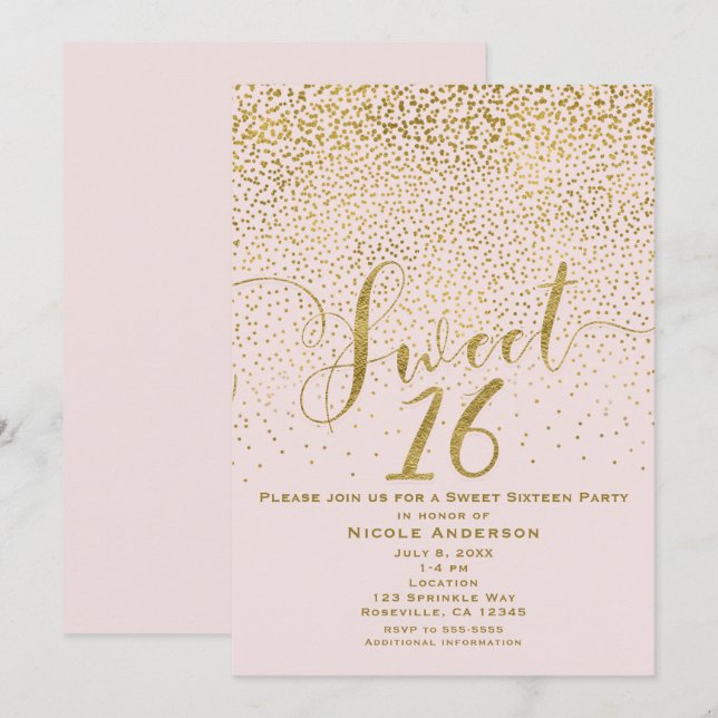 SWEET 16 Sixteen Blush Pink & Gold Confetti Invitation (Front/Back)