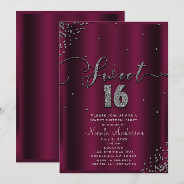 SWEET 16 Sixteen Burgundy Silver Confetti Corners Invitation (Front/Back)