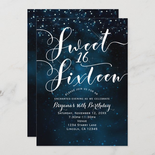 SWEET 16 Sixteen Celestial Starry Blue Sky Party Invitation (Front/Back)