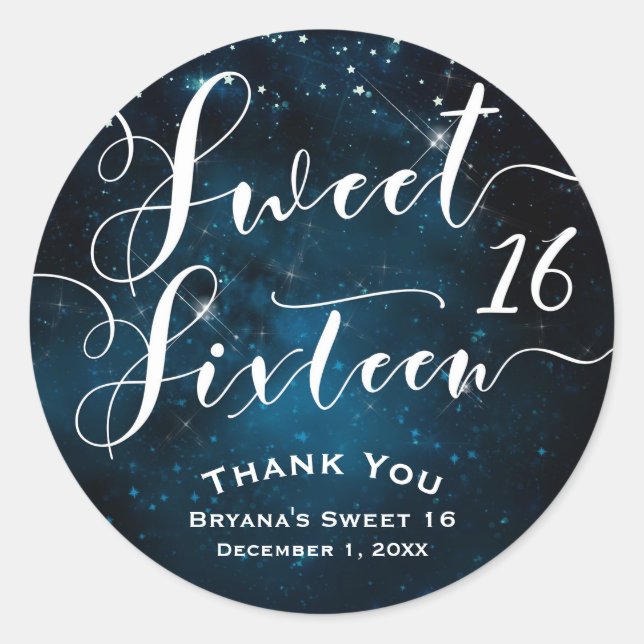 SWEET 16 Sixteen Celestial Starry Sky Party Favour Classic Round Sticker (Front)