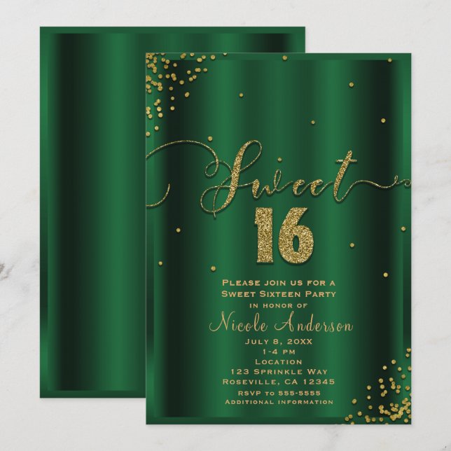 SWEET 16 Sixteen Emerald & Gold Confetti Corners Invitation (Front/Back)