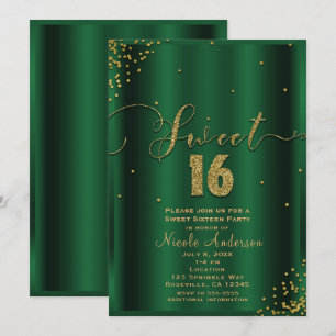 SWEET 16 Sixteen Emerald & Gold Confetti Corners Invitation