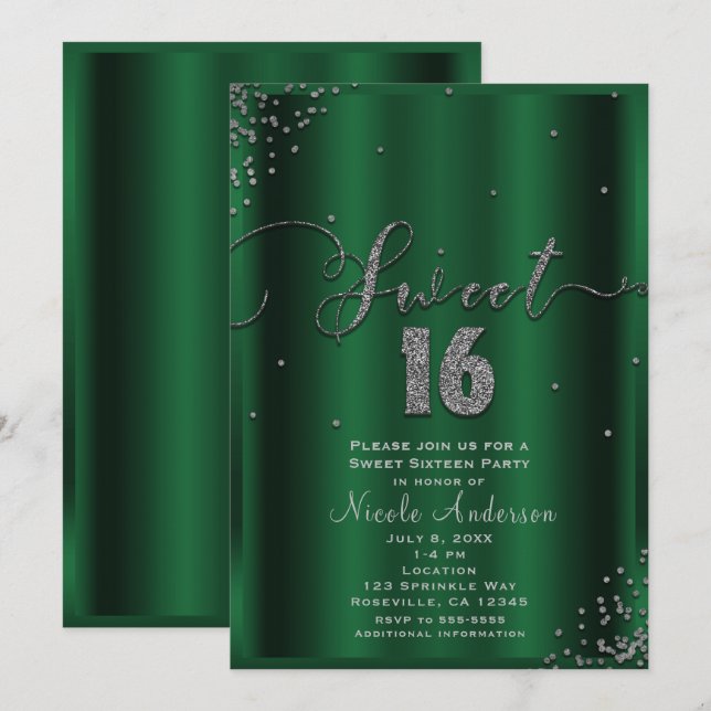 SWEET 16 Sixteen Emerald & Silver Confetti Corners Invitation (Front/Back)