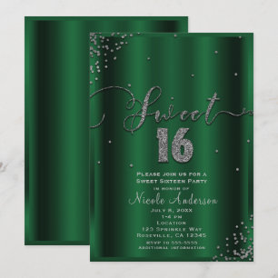 SWEET 16 Sixteen Emerald & Silver Confetti Corners Invitation