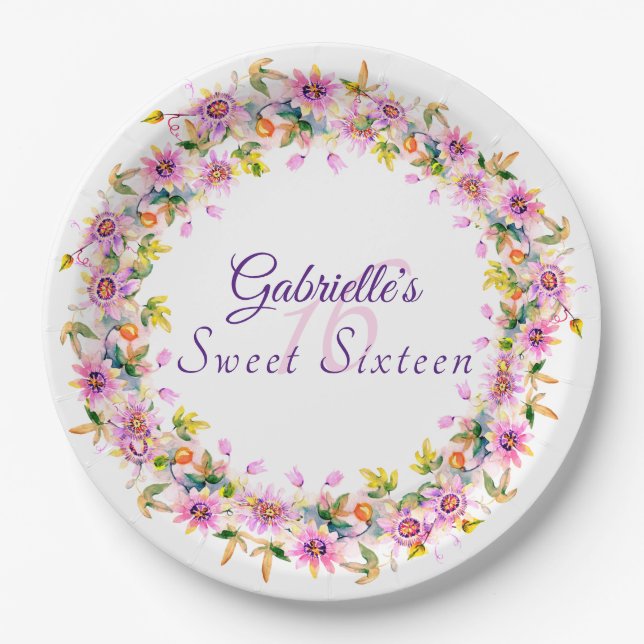 Sweet 16 Sixteen Floral Birthday  Paper Plate (Front)
