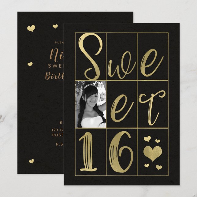 SWEET 16 SIXTEEN Gold & Black Hearts Photo Invitation (Front/Back)