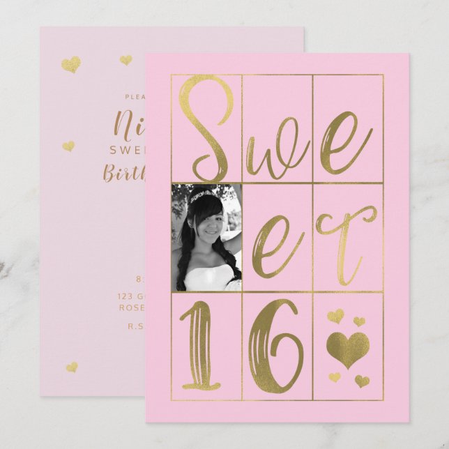 SWEET 16 SIXTEEN Gold & Blush Pink Hearts Photo Invitation (Front/Back)