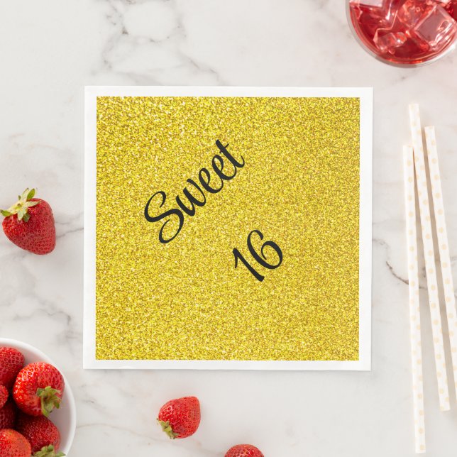 Sweet 16 Sixteen Gold Glitter Birthday Party Napkin (Insitu)