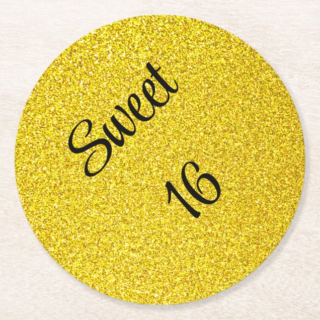 Sweet 16 Sixteen Gold Glitter Birthday Party Round Paper Coaster (Front)