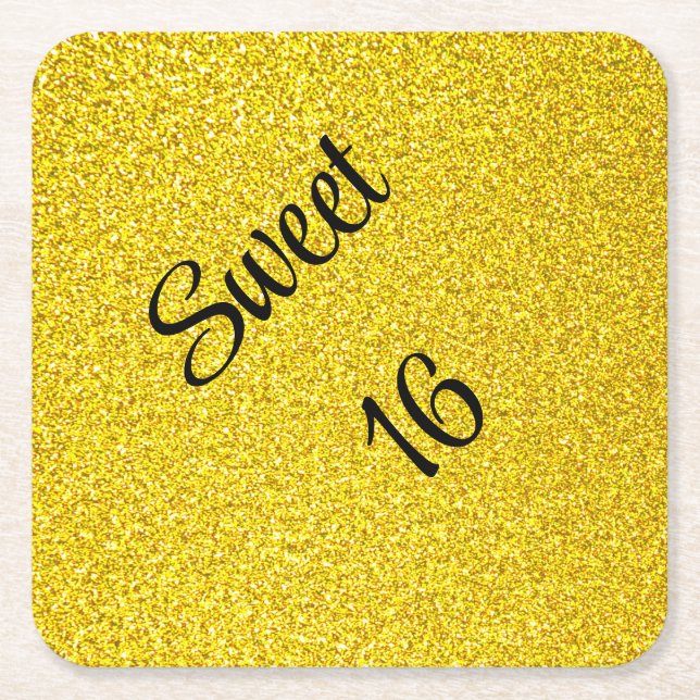Sweet 16 Sixteen Gold Glitter Birthday Party Square Paper Coaster (Front)