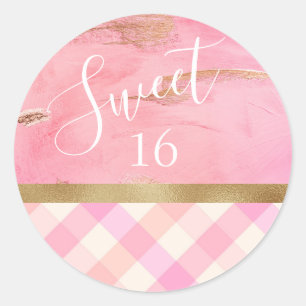 Sweet 16 Sixteen Gold Pink Abstract Watercolor Classic Round Sticker