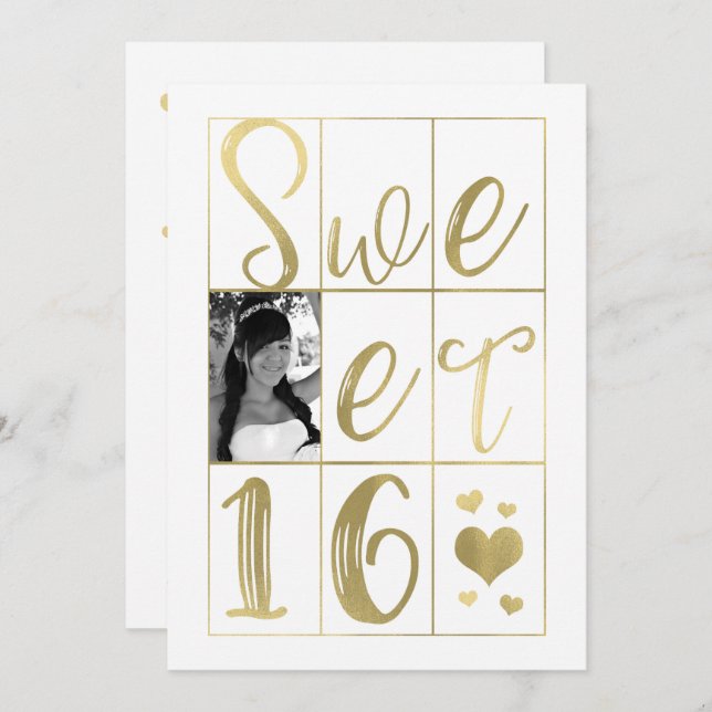 SWEET 16 SIXTEEN Gold & White Hearts Photo Invitation (Front/Back)