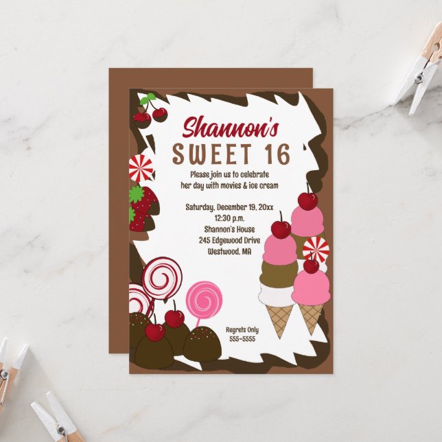 Sweet 16 Sixteen Ice Cream Party Invitation (Front/Back In Situ)