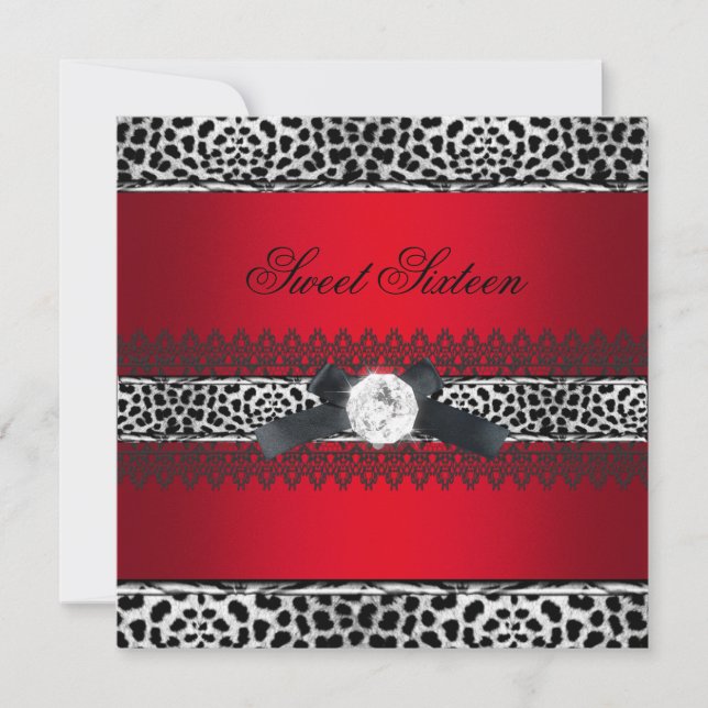 Sweet 16 Sixteen Leopard Red Black Diamond Invitation (Front)