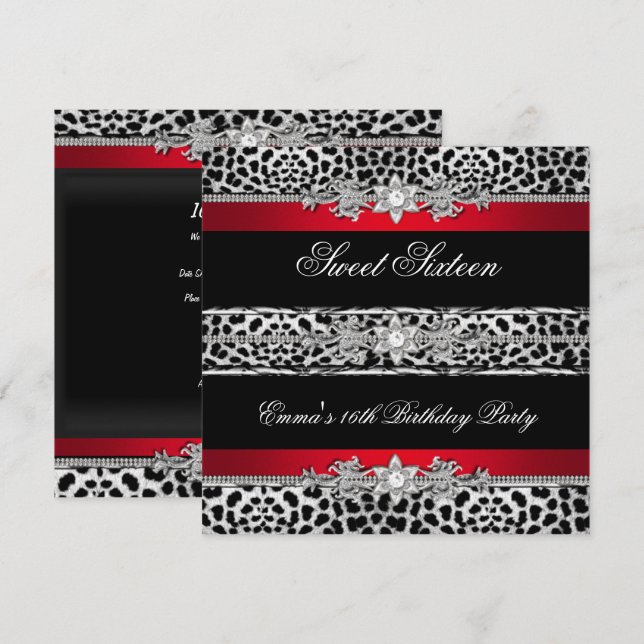 Sweet 16 Sixteen Leopard Red Black Diamond Invitation (Front/Back)