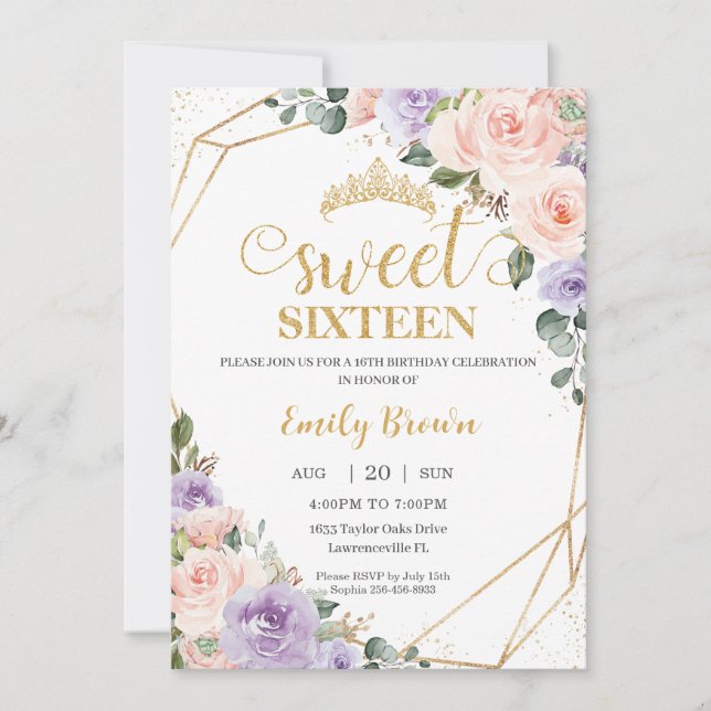 Sweet 16 Sixteen Lilac Blush Floral Gold Birthday Invitation (Front)