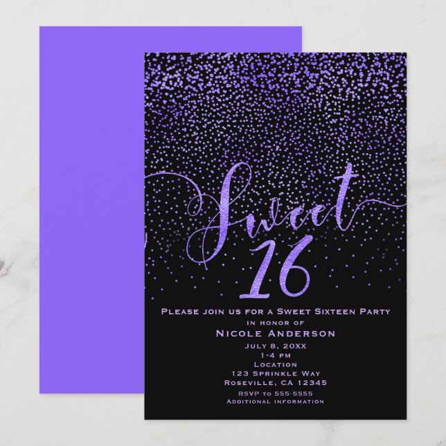 SWEET 16 Sixteen Modern Confetti Purple & Black Invitation (Front/Back)