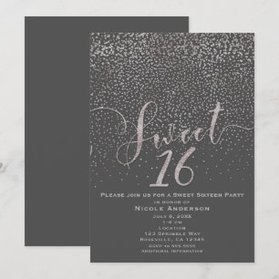 SWEET 16 Sixteen Modern Silver Grey Confetti Invitation