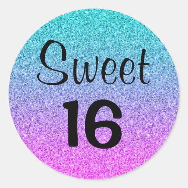 Sweet 16 Sixteen Ombre Pink Blue Purple Glitter Classic Round Sticker (Front)