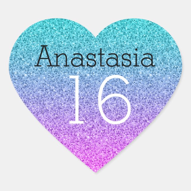 Sweet 16 Sixteen Ombre Pink Blue Purple Glitter Heart Sticker (Front)