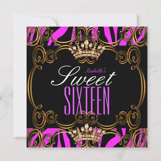 Sweet 16 Sixteen Party Hot Pink Bronze Tiara Zebra Invitation (Front)