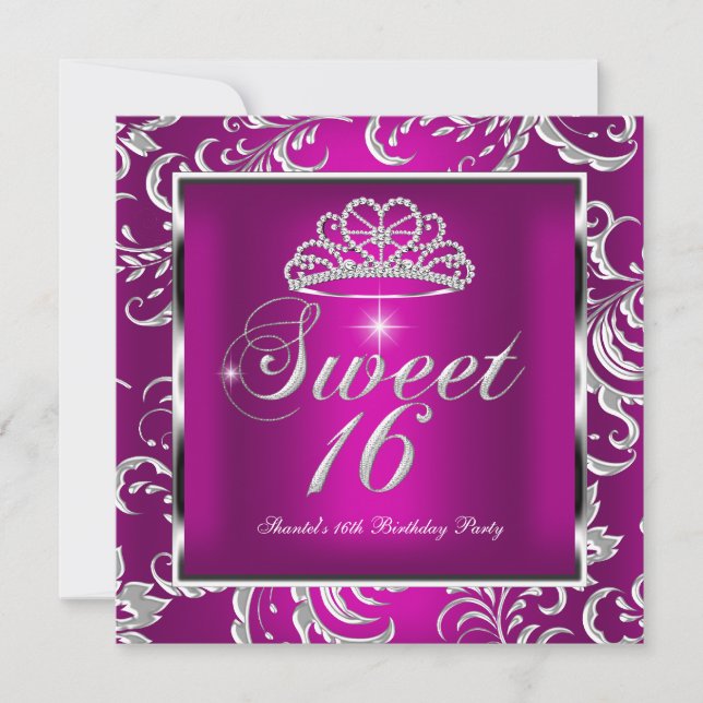 Sweet 16 Sixteen Party Pink Plum Damask Silver Invitation (Front)