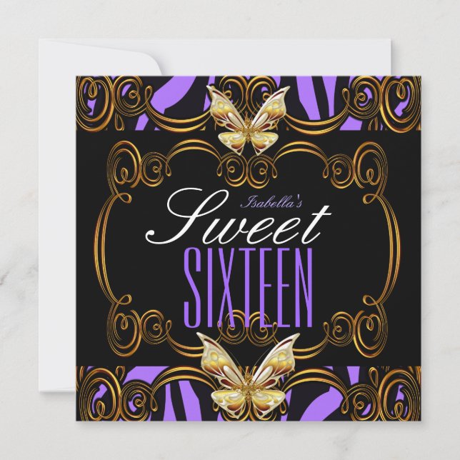 Sweet 16 Sixteen Party Purple Gold Black Zebra Invitation (Front)