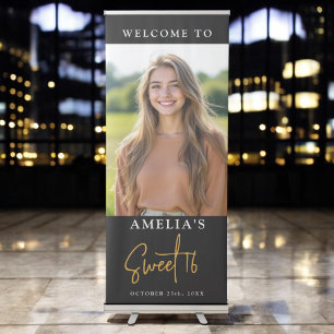 Sweet 16 Sixteen Personalised Black Gold Birthday Retractable Banner
