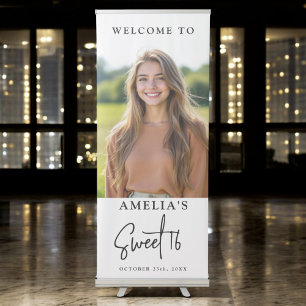 Sweet 16 Sixteen Personalised Black White Birthday Retractable Banner