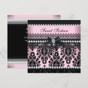 Sweet 16 Sixteen Pink Black Pearl Lace Damask Invitation