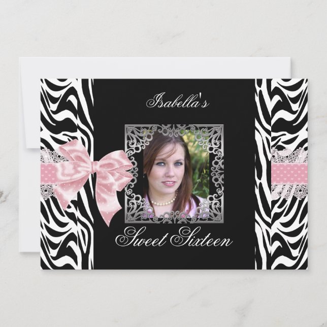 Sweet 16 Sixteen Pink Black White Zebra Invitation (Front)
