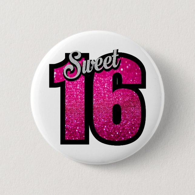 Sweet 16 sixteen pink glitter birthday party girl 6 cm round badge (Front)