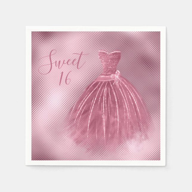 Sweet 16 Sixteen Pink Glitter Dress Elegant Party Napkin (Front)