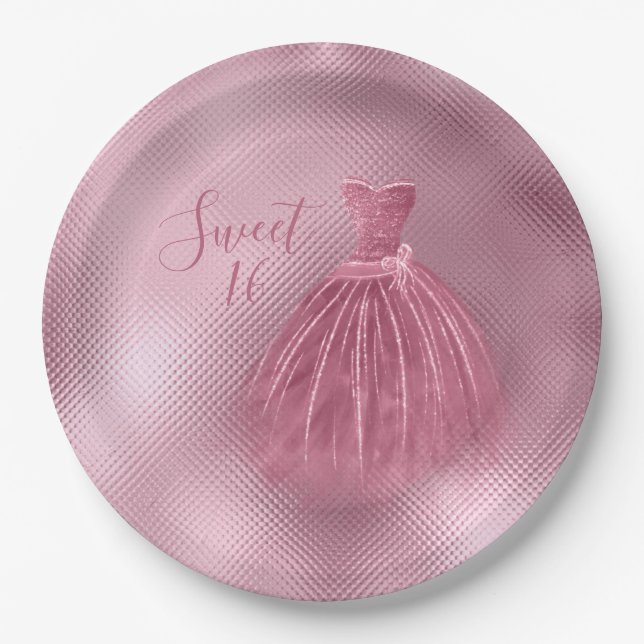 Sweet 16 Sixteen Pink Glitter Dress Elegant Party  Paper Plate (Front)