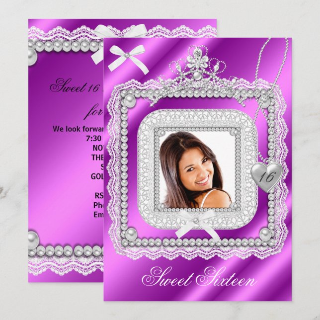 Sweet 16 Sixteen Pink Purple Lace Pearl Photo 2 Invitation (Front/Back)