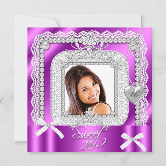 Sweet 16 Sixteen Pink Purple Lace Pearl Photo Invitation (Front)