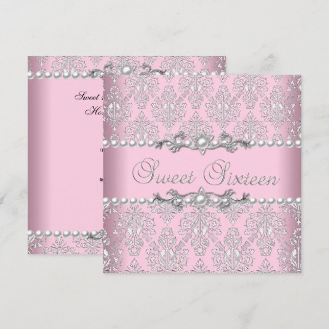 Sweet 16 Sixteen Pink Silver White Pearl Lace Invitation (Front/Back)